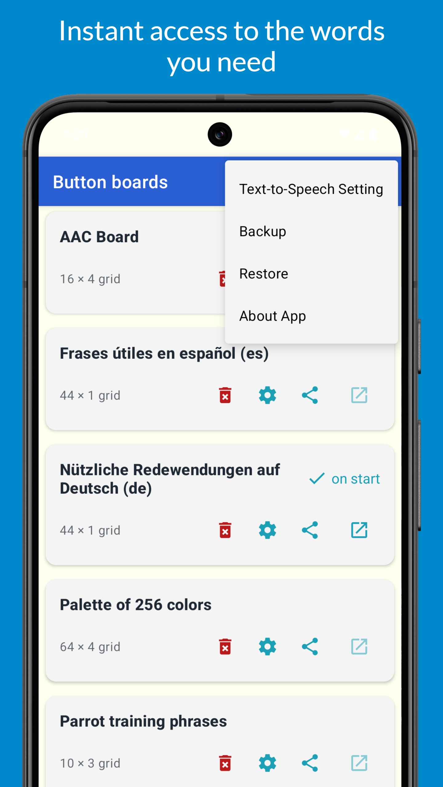 Talking Buttons on Android: communication board screen (2 of 8).
